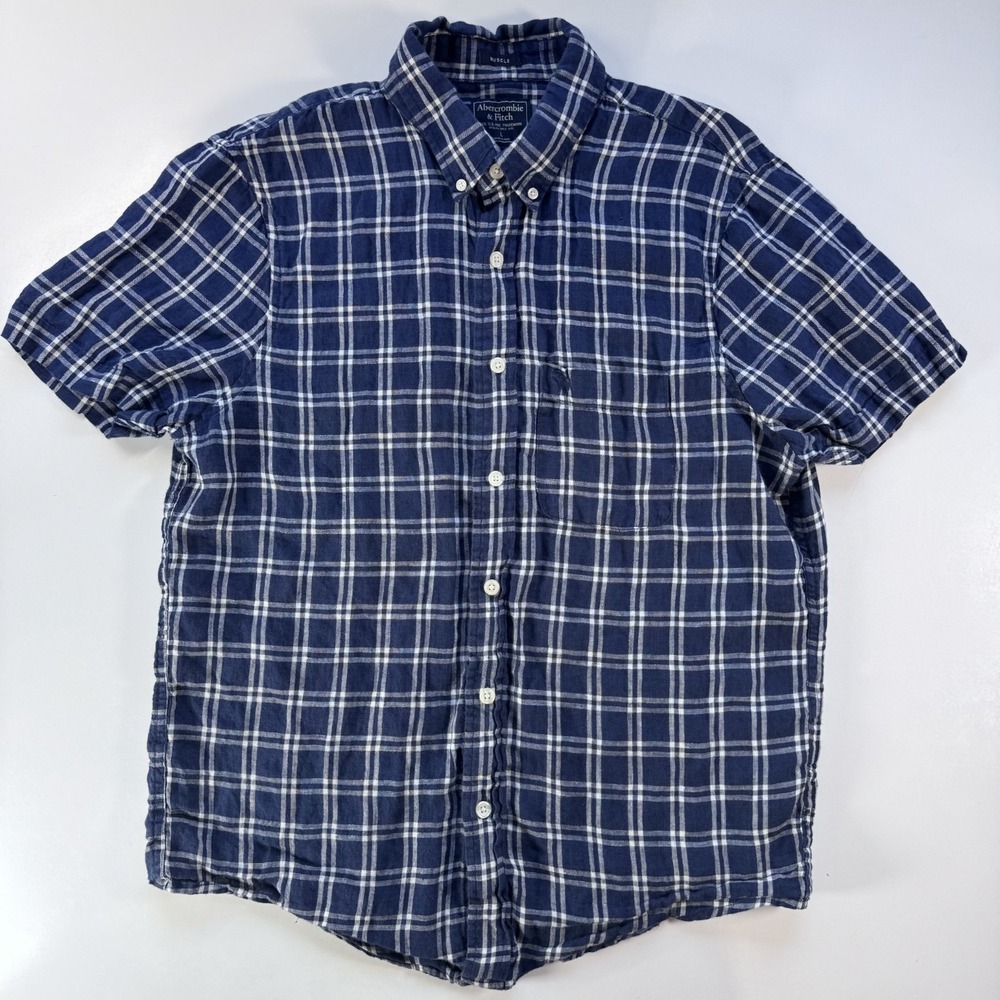 ABERCROMBIE & FITCH Short Sleeve Muscle 100% Linen Shirt Mens Large Blue Plaid‎